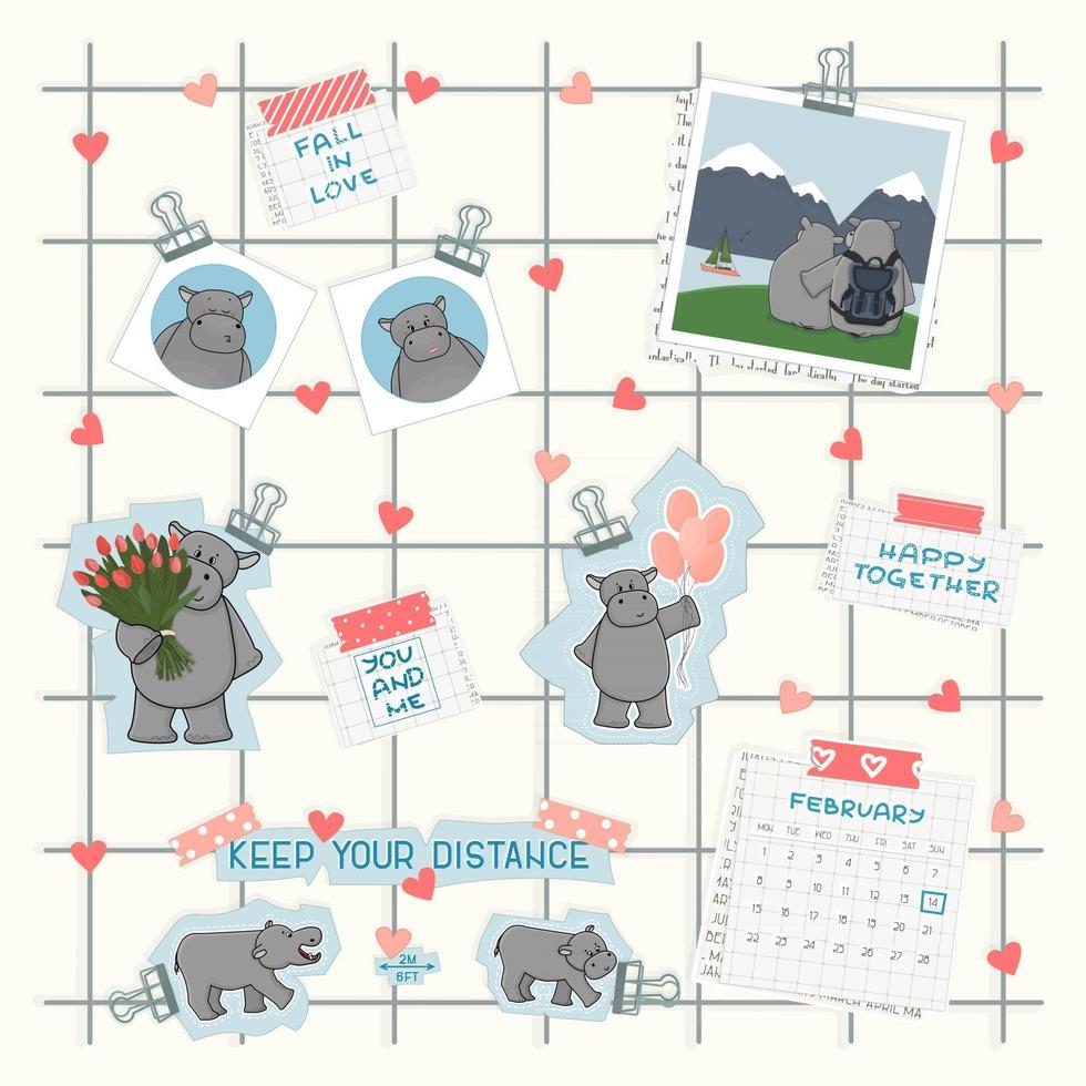 Mood board is on white wall with photos and blue paper binder. Set of hippos in different situations on cut paper. Avatars, tulips, balloons, traveling pick, text messages, calendar of February 2021 vector