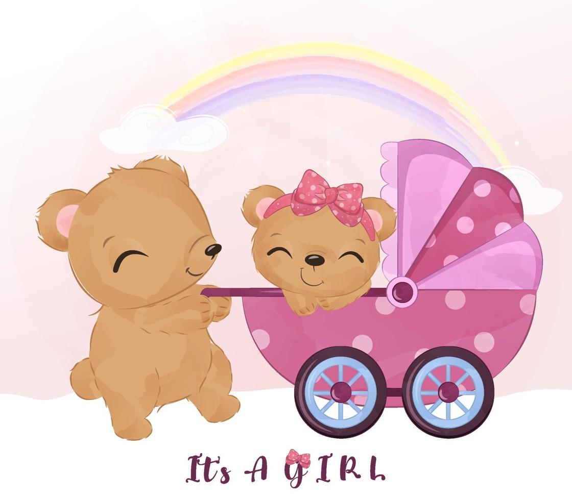 Cute mom and baby bear with baby stroller vector