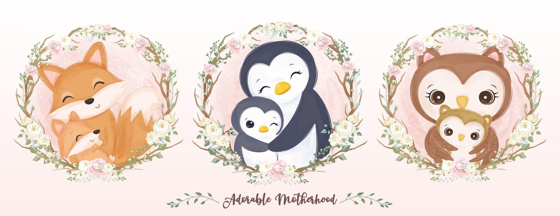 Cute animal motherhood collection in watercolor vector