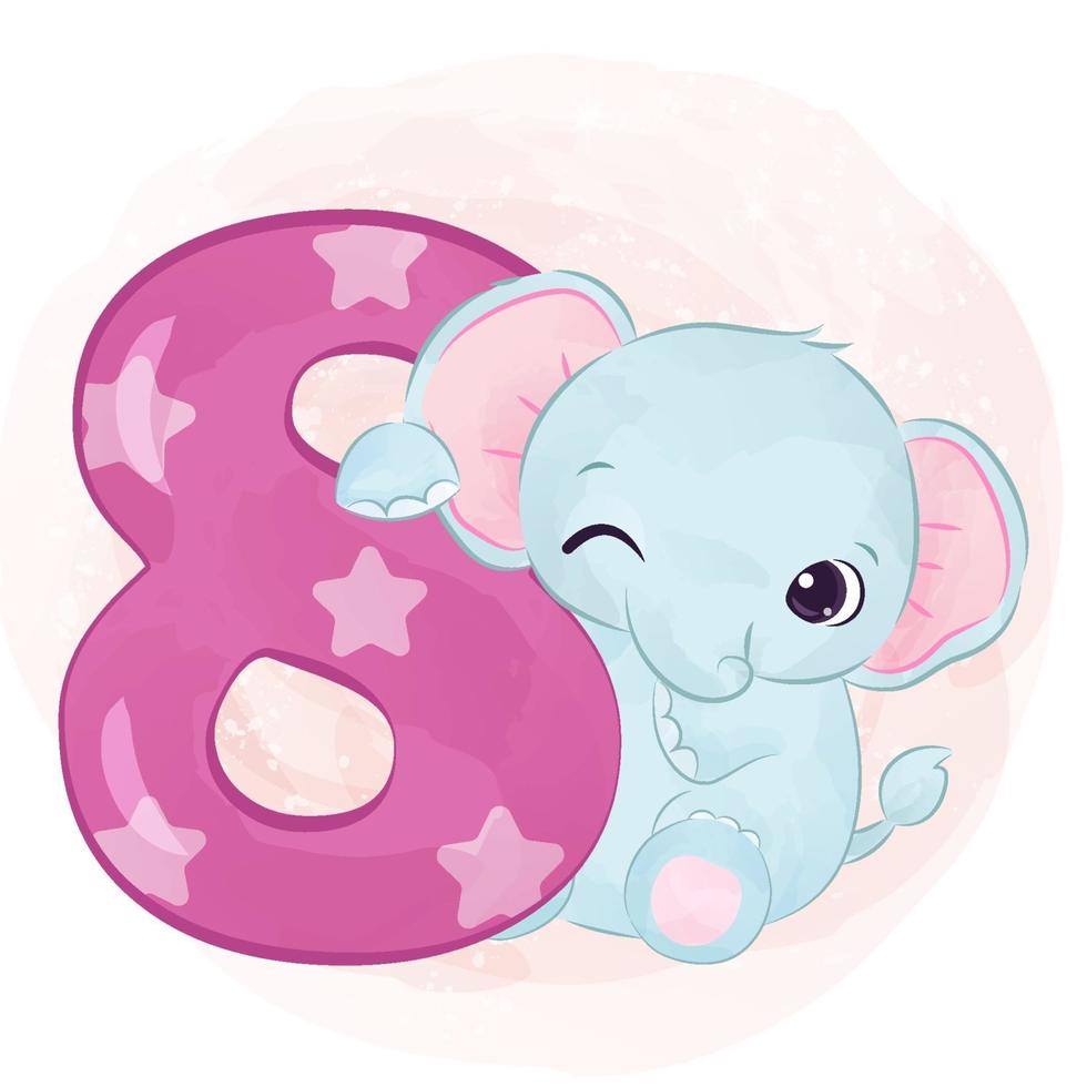 Cute little elephant with number in watercolor illustration vector
