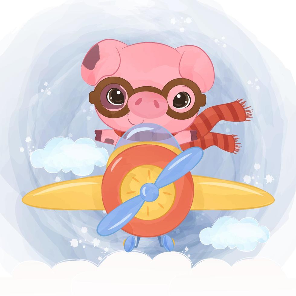 adorable cerdito volando con avión vector