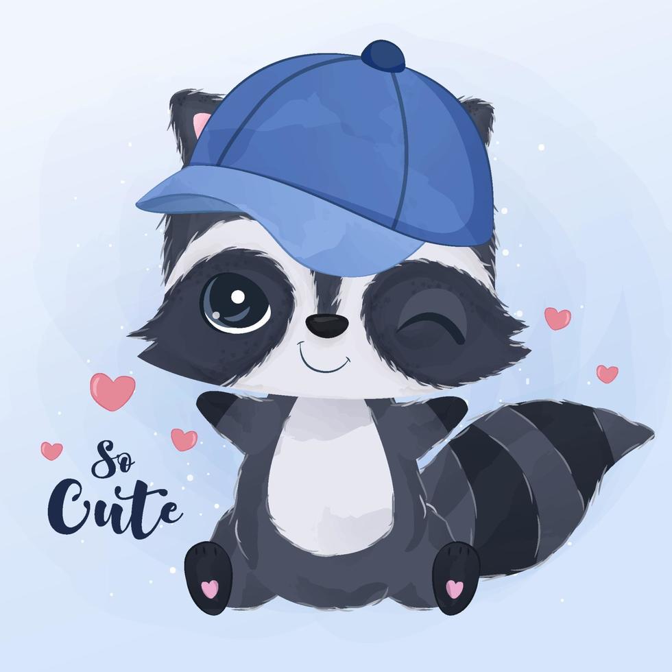 adorable bebé mapache ilustración en acuarela vector