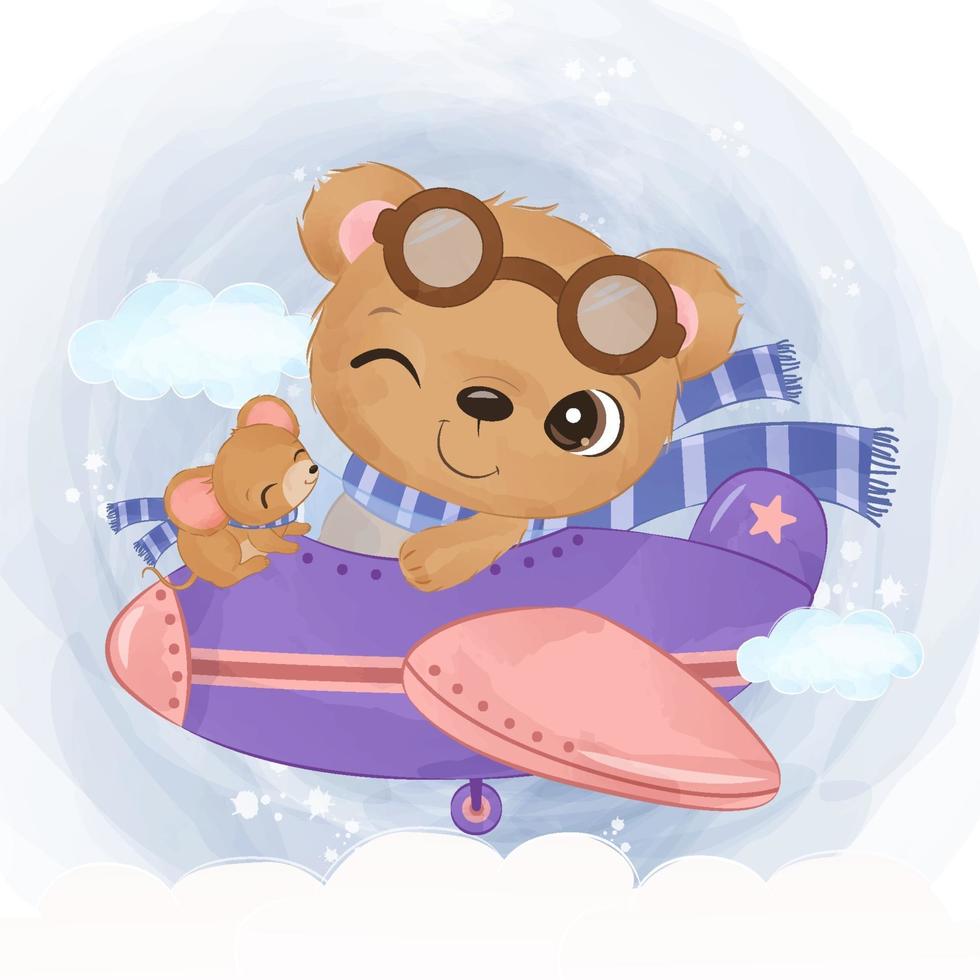 Adorable little bear and mice flying with airplane vector