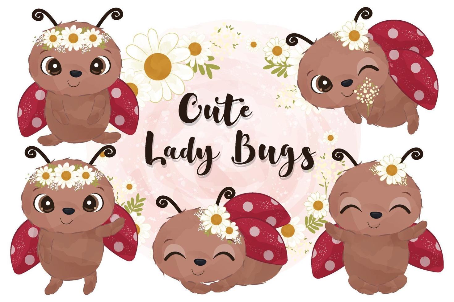 Cute little ladybugs collection in watercolor vector