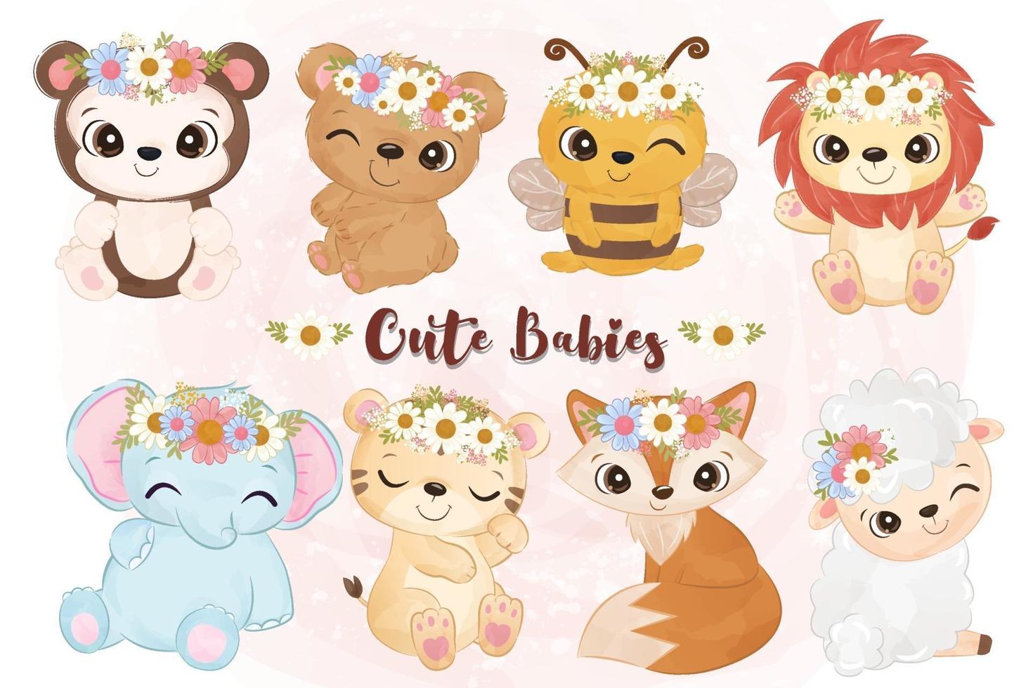 Cute little animals collection in watercolor vector