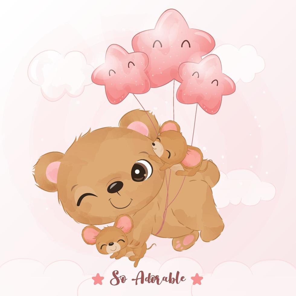 Adorable oso y ratones volando en acuarela ilustración vector