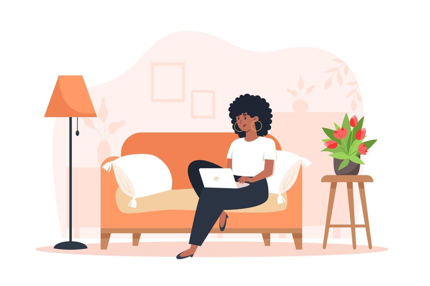 Young woman sitting on sofa and working on laptop from home vector