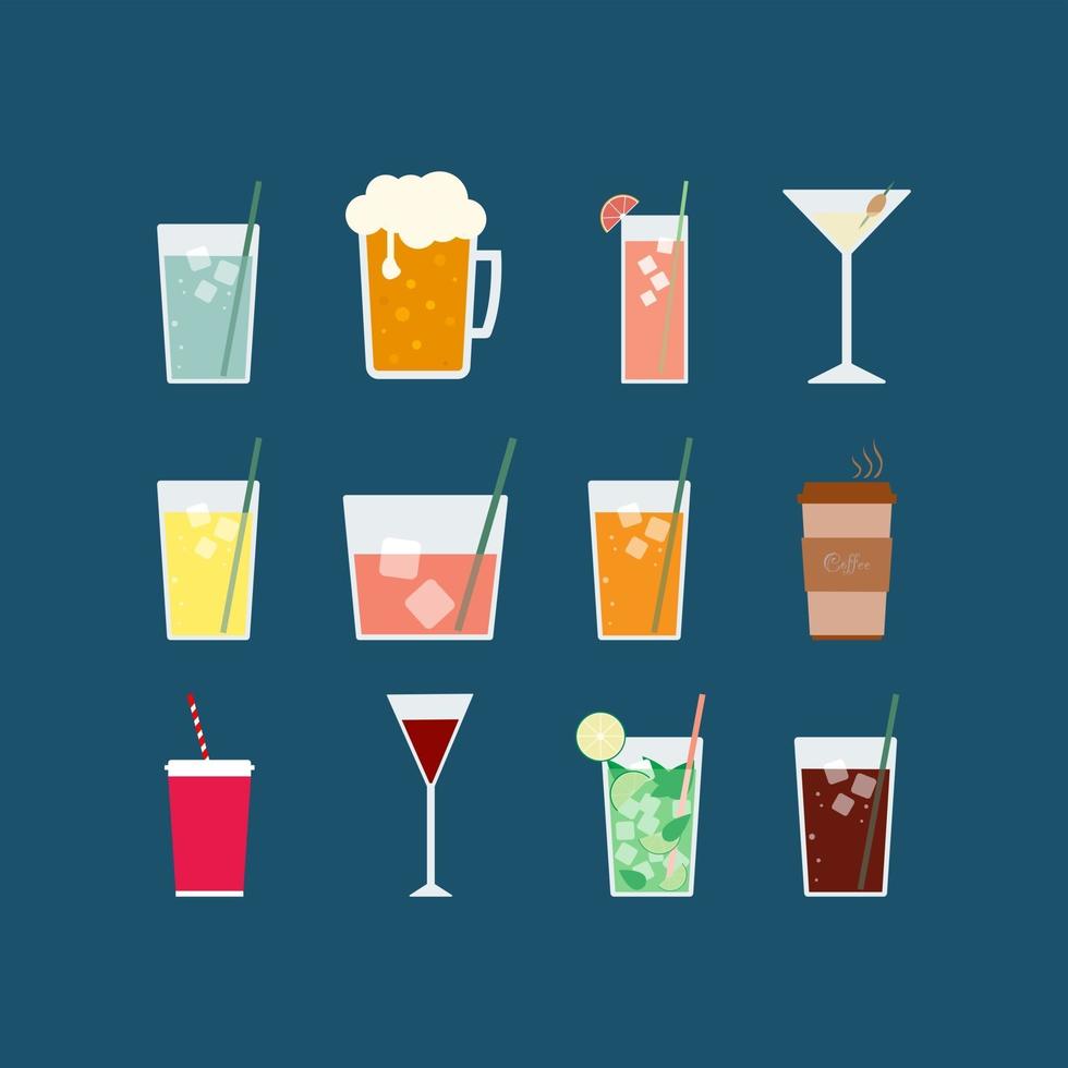 Conjunto de iconos de vector plano de bebidas y cócteles de verano