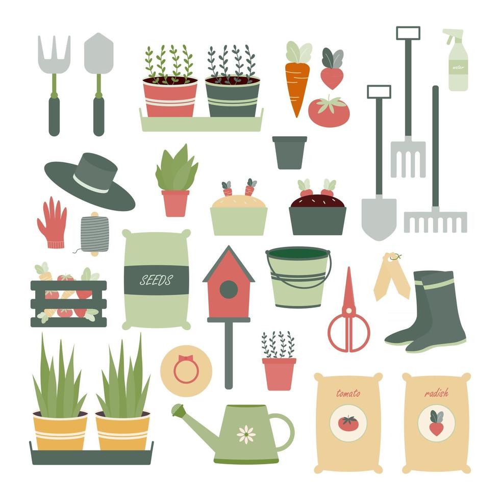 Conjunto de iconos de vector plano de equipos y plantas de jardinería