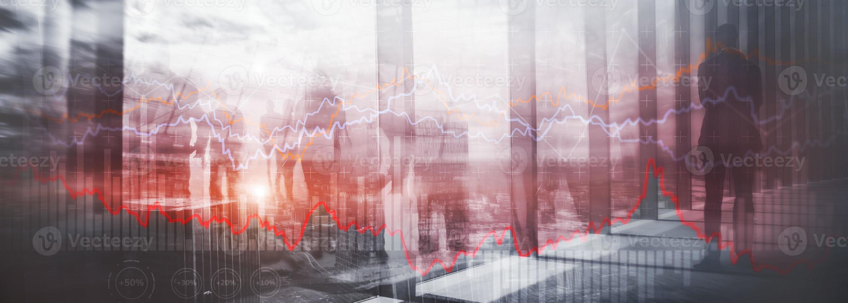Finance Banking and Investment concept. Double exporsure stacked of coins and city with graph photo