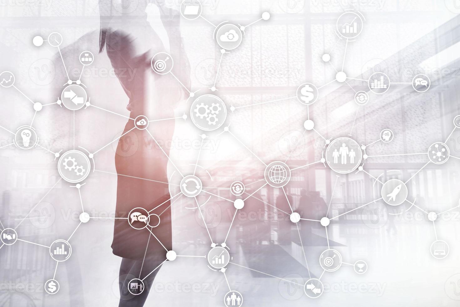 Business process structure industrial workflow diagram automation innovation concept on virtual screen mixed media. photo