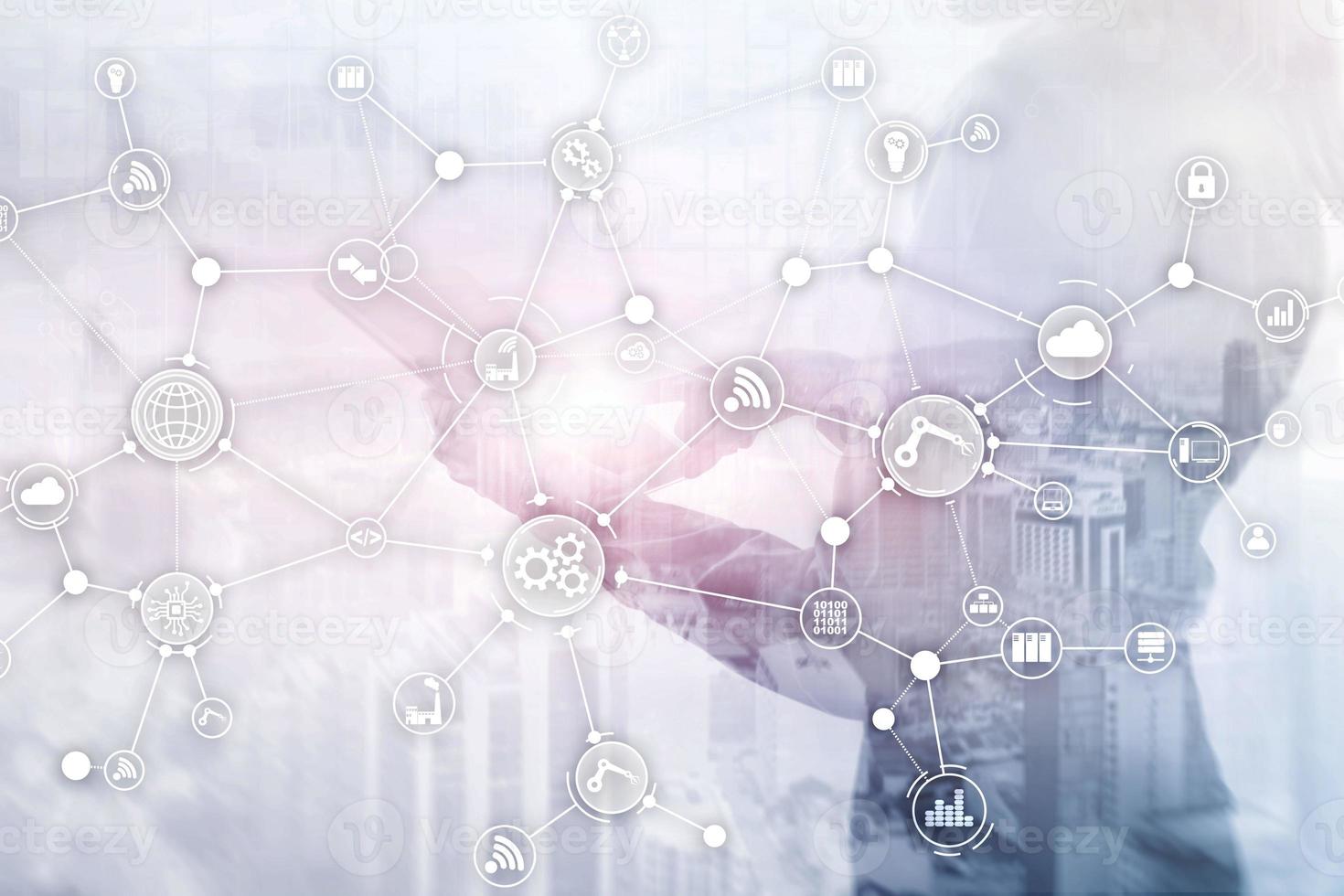 IOT smart indusry concept mixed media diagram. Technology industrial business process workflow organisation structure on virtual screen. photo