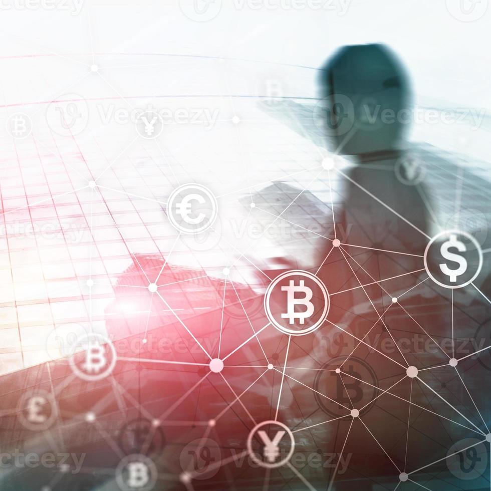 Double exposure Bitcoin and blockchain concept. Digital economy and currency trading. photo