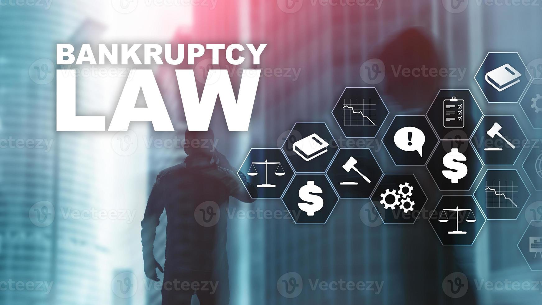 Bankruptcy law concept. Insolvency law. Judicial decision lawyer business concept. Mixed media financial background. photo