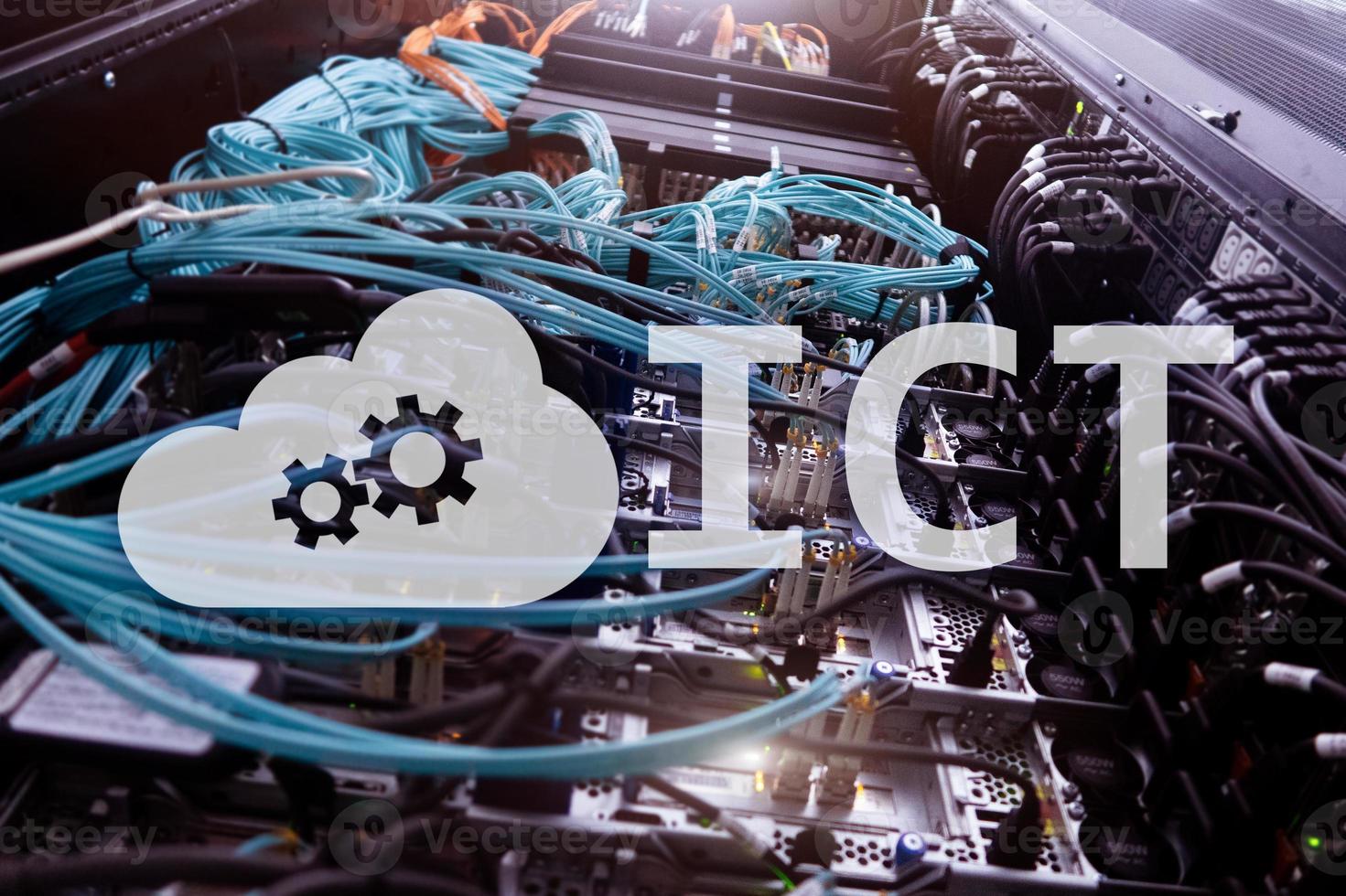 ICT - information and communications technology concept on server room background. photo