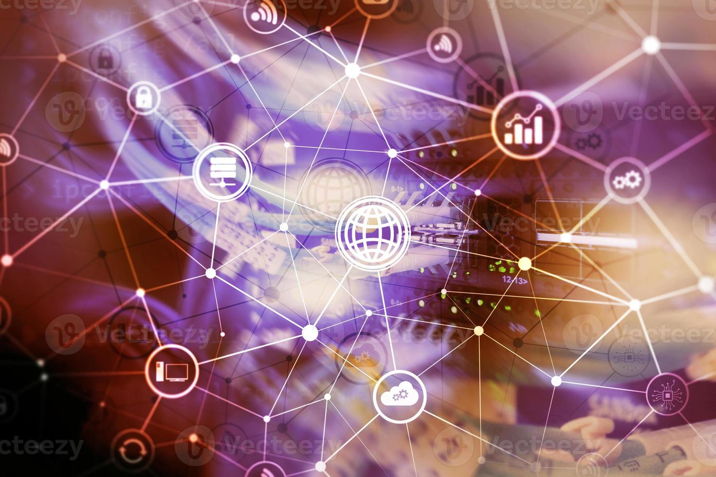 ICT - information and telecommunication technology and IOT - internet of things concepts. Diagrams with icons on server room backgrounds photo