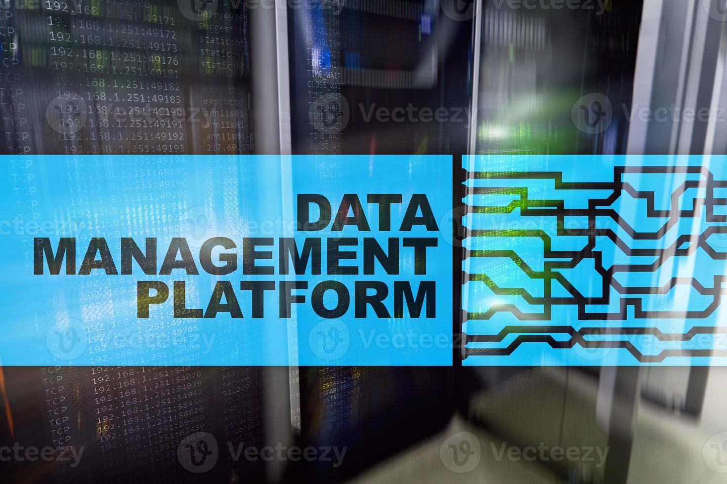 Data management and analysis platform concept on server room background. photo