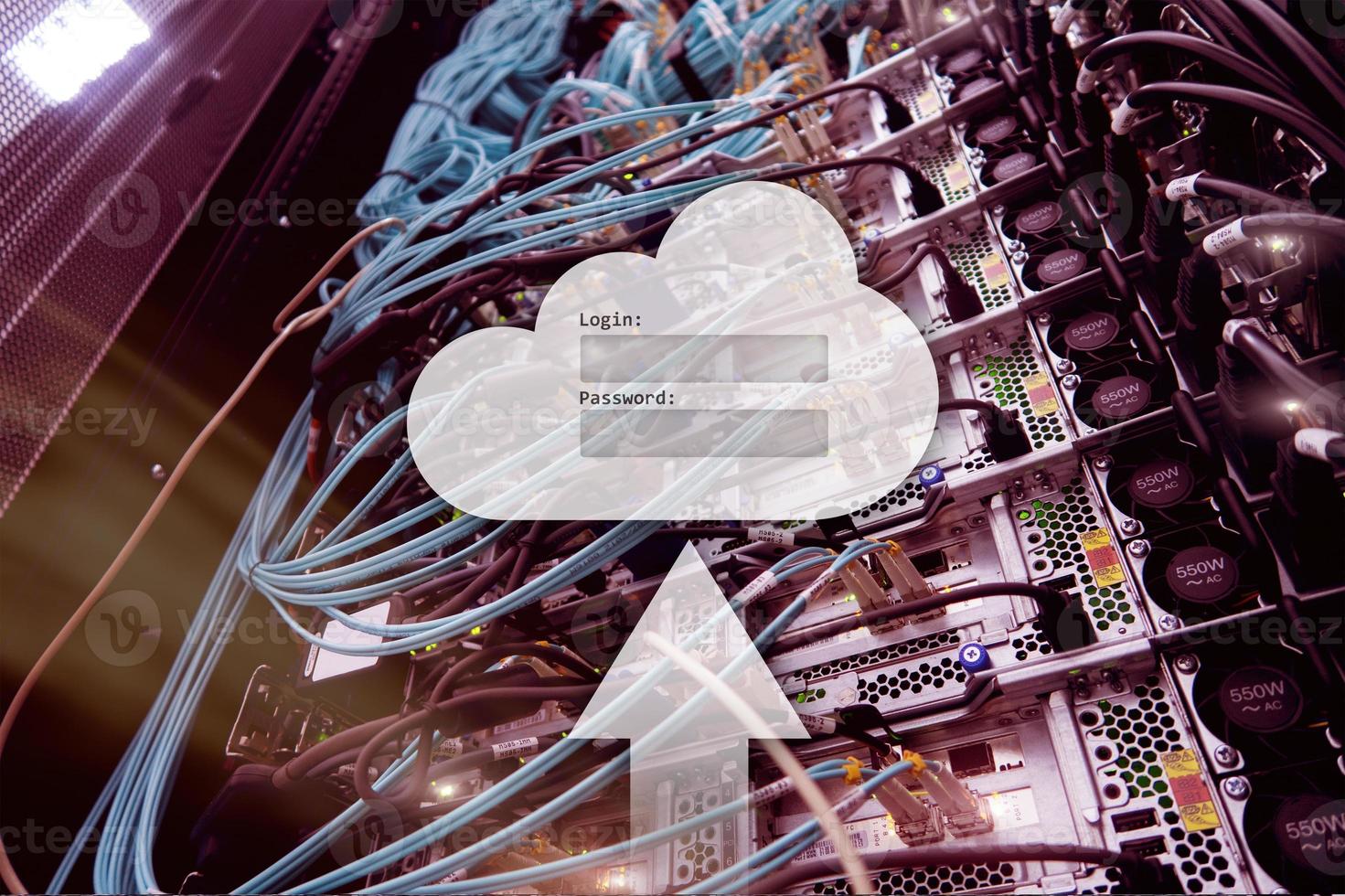 Cloud storage, data access, login and password request window on server room background. Internet and technology concept. photo