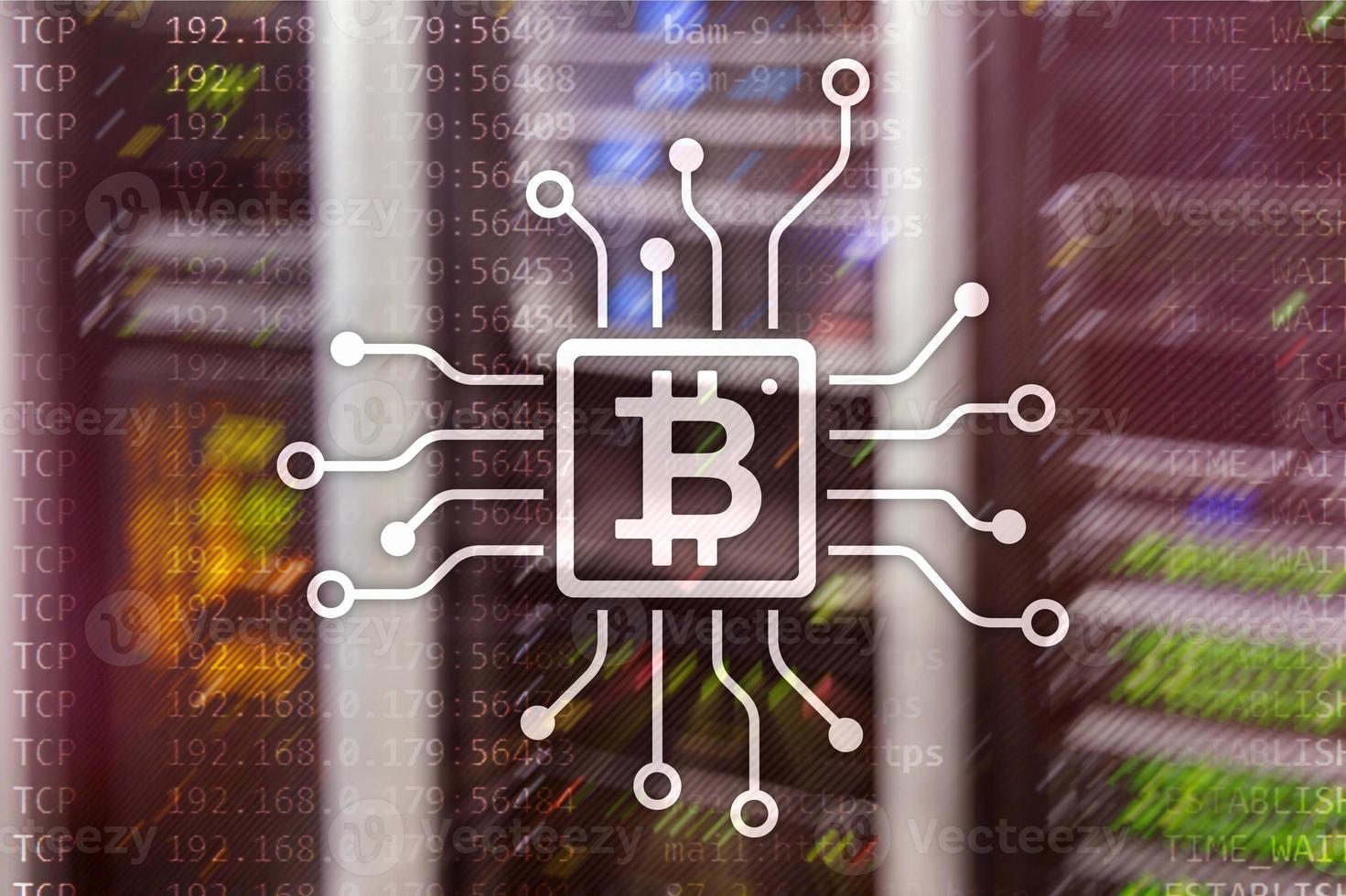 bitcoin, concepto de blockchain en el fondo de la sala de servidores. foto