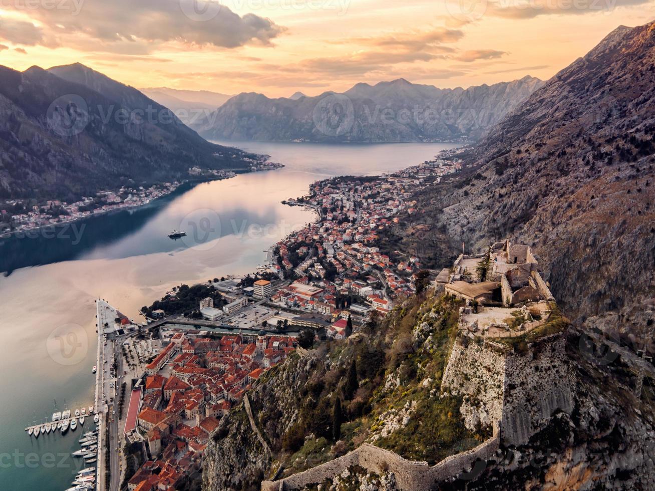 San Giovanni Castle - St. Ivan Fortress and Old Town of Kotor in Montenegro in the Bay of Kotor. View from above by drone. photo