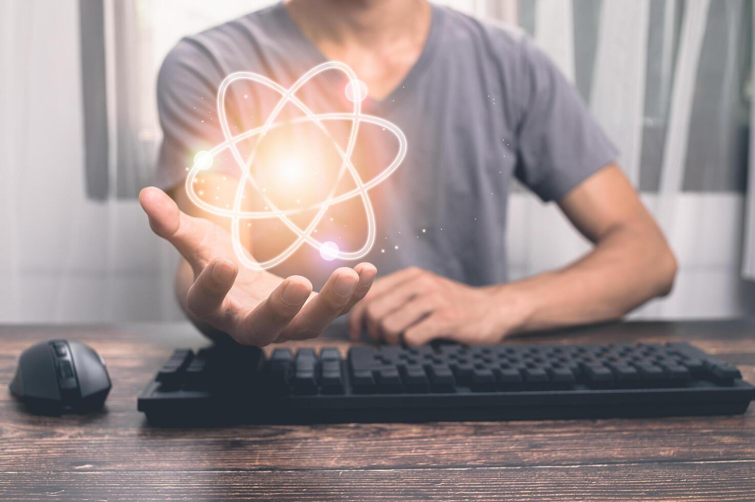 Man holding atom molecule icon illustration photo