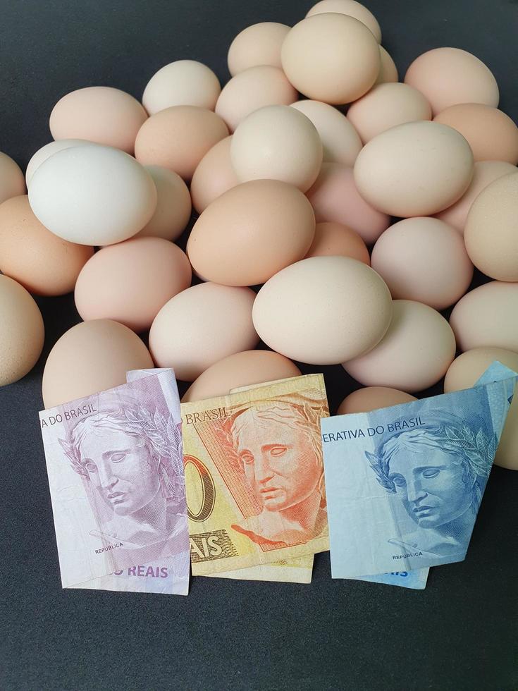 Inversión en huevo orgánico con dinero brasileño para alimentos saludables. foto