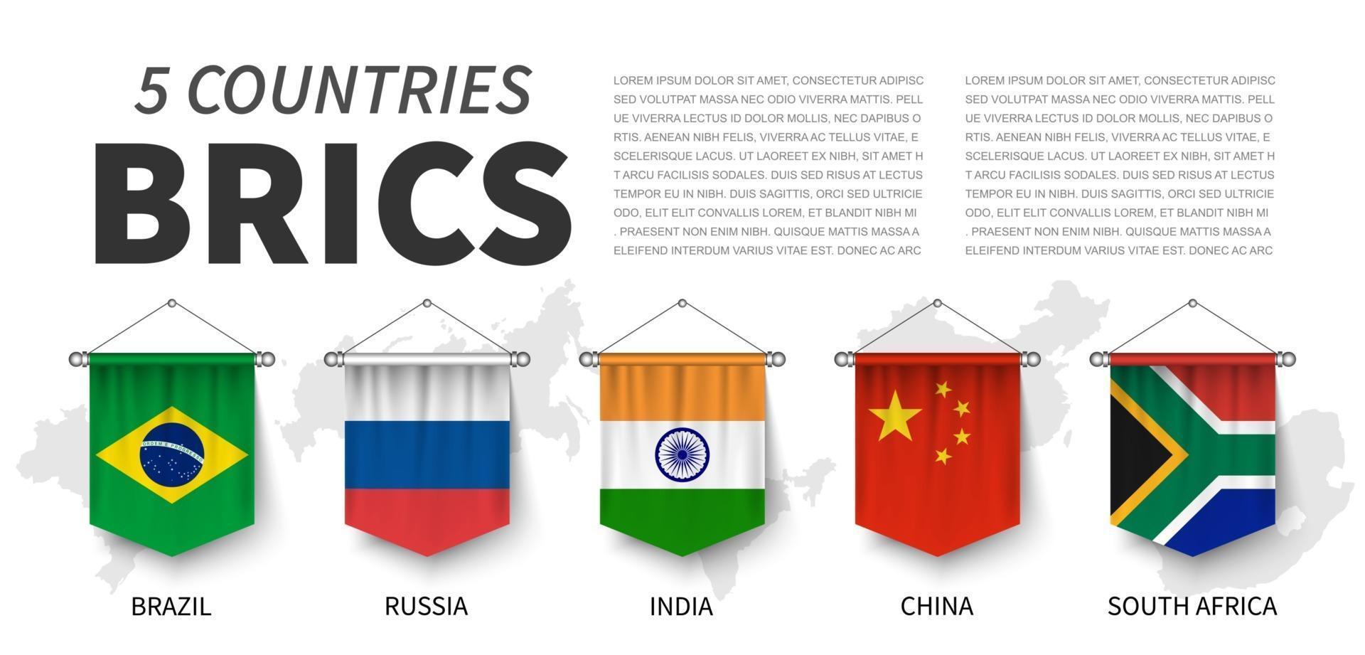 brics. asociación de 5 países. Diseño colgante de banderín realista 3d. fondo blanco aislado y mapa del país. vector. vector