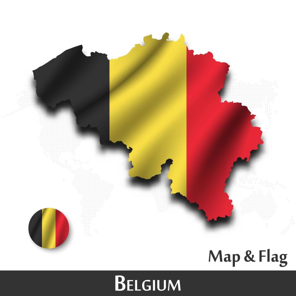 bandera y mapa de bélgica. agitando diseño textil. fondo del mapa del mundo de puntos. vector