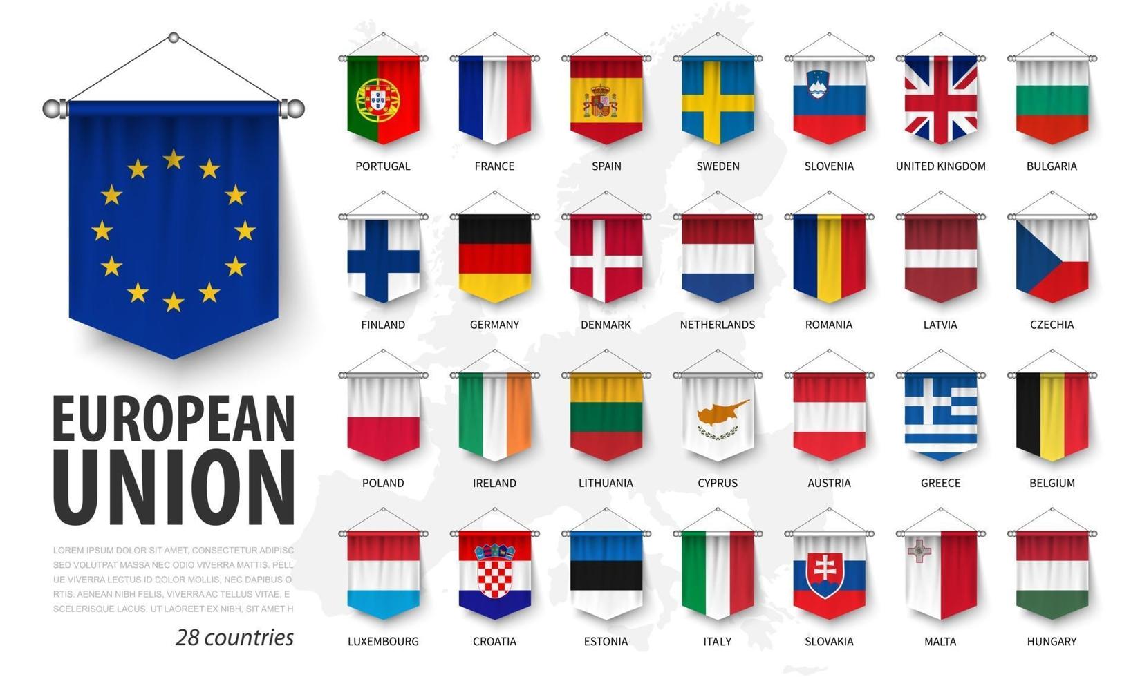 European union flags and membership . 3D realistic pennant hanging design . White isolated background and europe map . Vector .