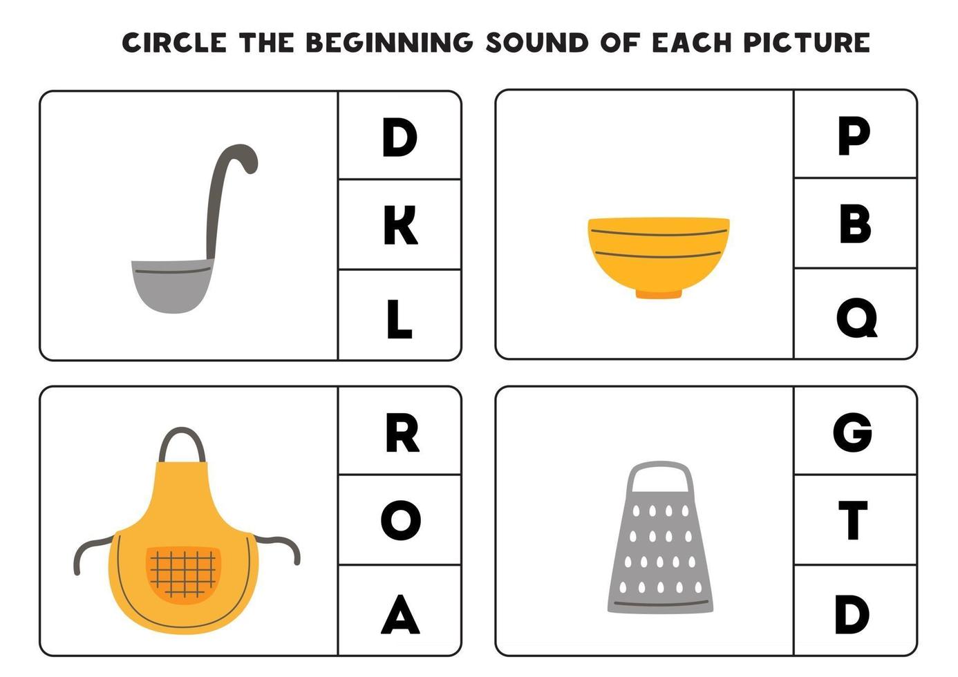 Worksheet for kids. Find the beginning sound. Kitchen utensils. vector