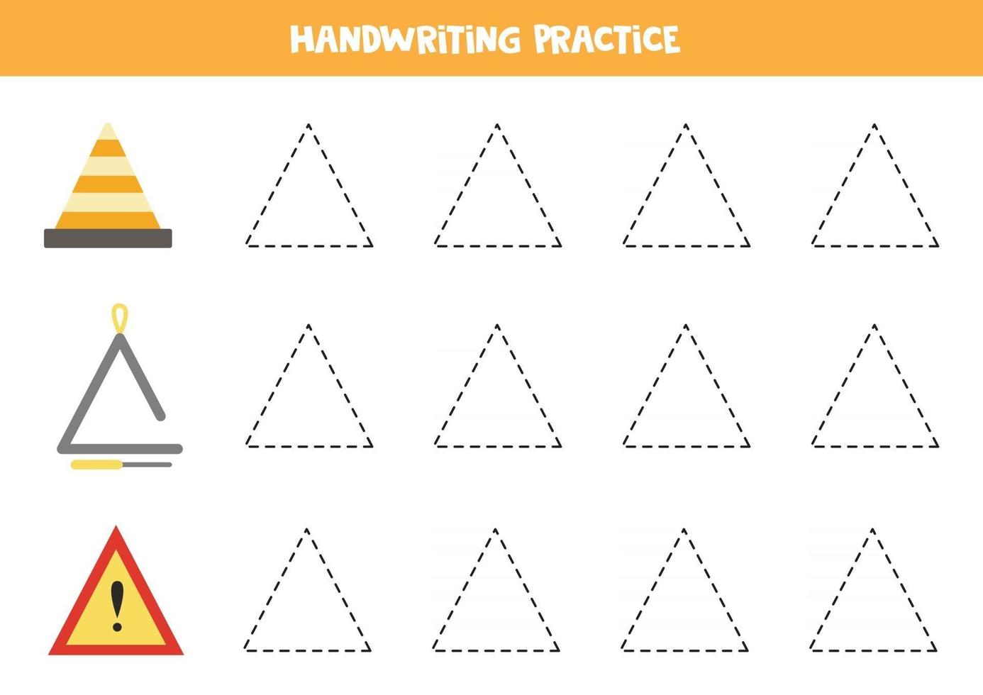 Trace contours of triangle. Writing practice. vector