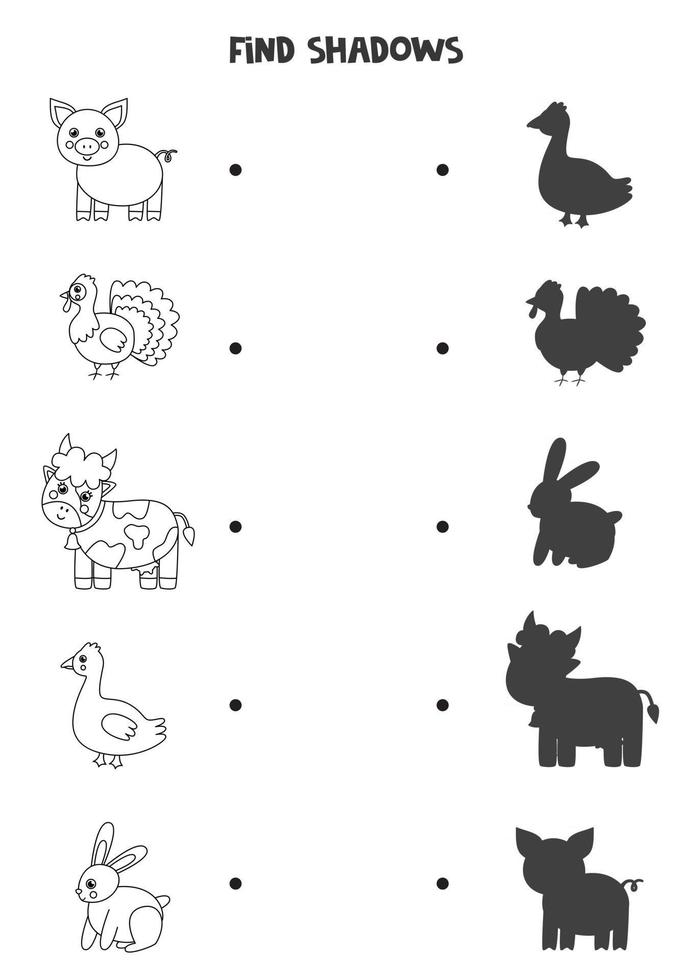 Find the correct shadows of black and white farm animals. Logical puzzle for kids. vector