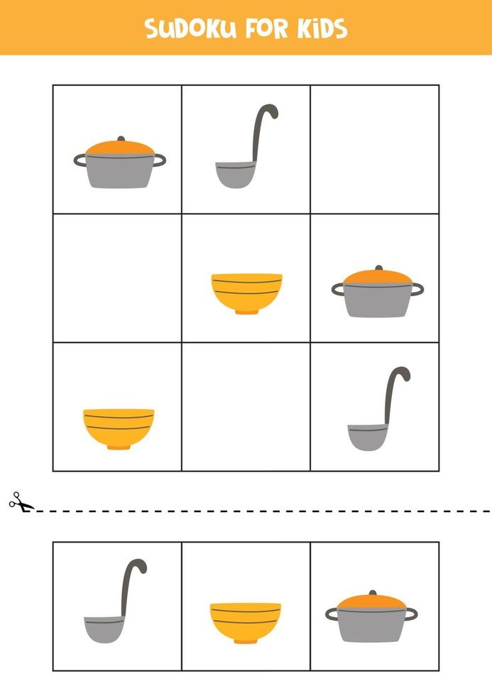 Sudoku game for kids with cartoon kitchen utensils. vector