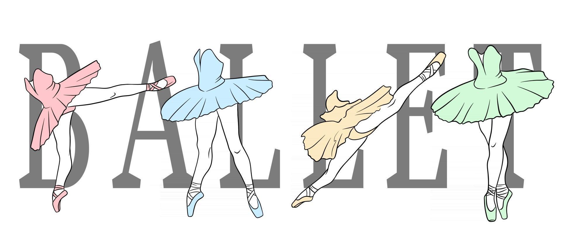 Ballet set. Ballerina in pointe shoes and a tutu. Dancer's legs. Line art. vector