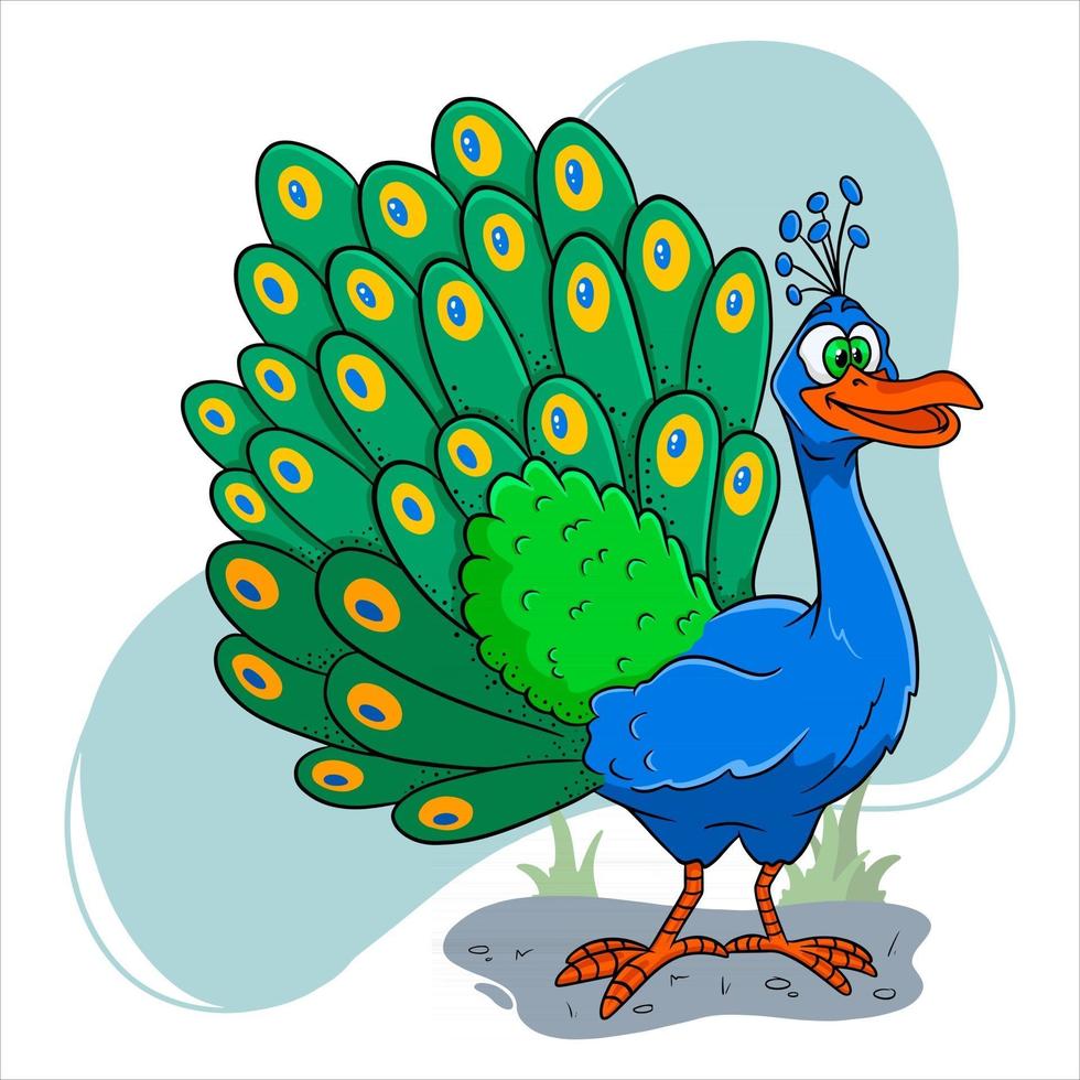 carácter animal pavo real divertido en estilo de dibujos animados vector