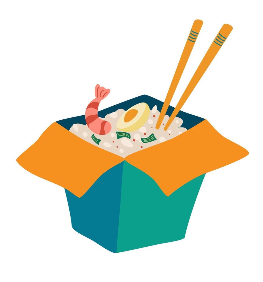 caja de wok con camarones y arroz. delicioso arroz con camarones algas y huevo. cocina china, japonesa, comida rápida en caja. quitar. Bueno para restaurantes, menús, cafés y tiendas. ilustración vectorial vector