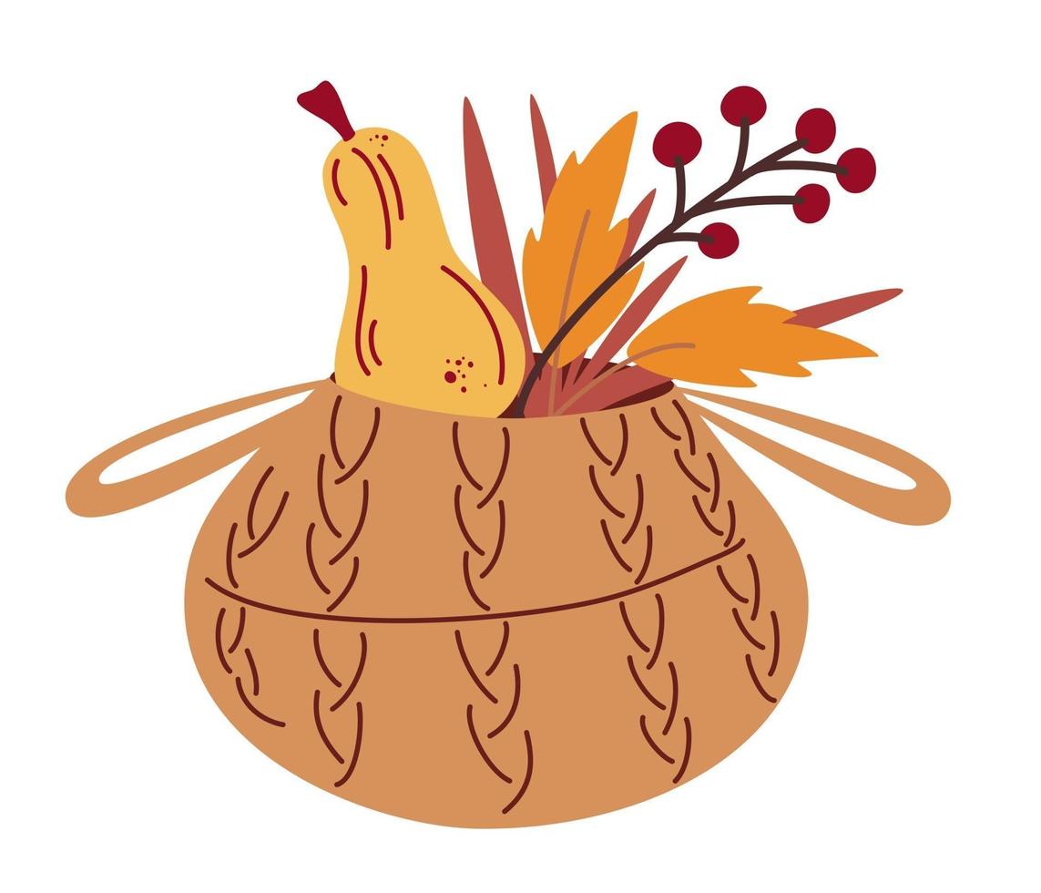 Wicker basket with pumpkin, leaves and berries. Autumn harvest. Vegetarian fresh farm market in basket. Thanksgiving day concept. Cute autumn home decor. Vector cartoon illustration.