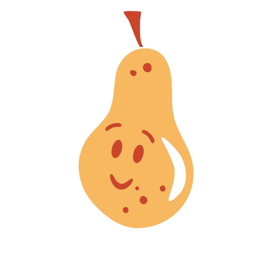 Pear with a cheerful face. Childish cheerful character. Healthy fruit. Sweet and tasty. Vector cartoon illustration