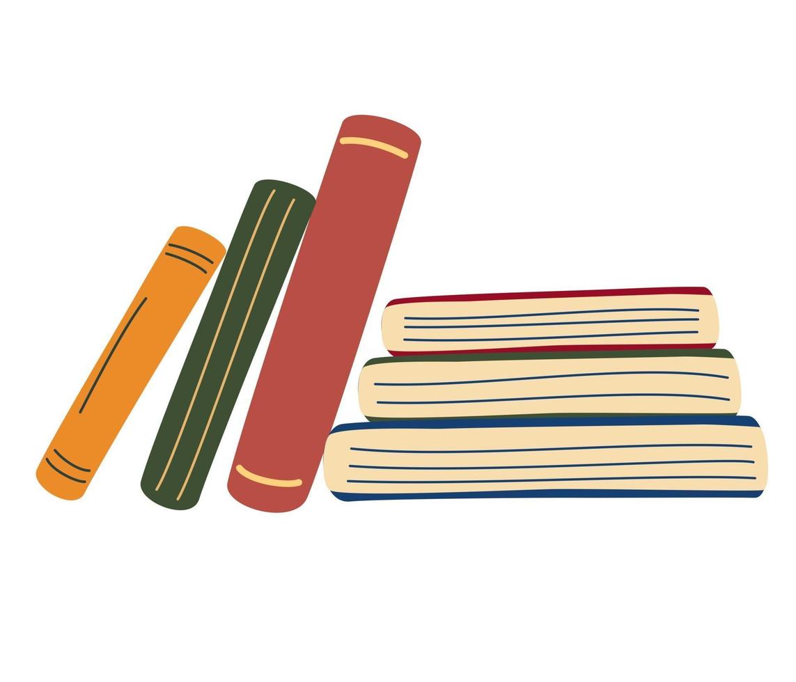 pila de libros. libros verticales y horizontales. día mundial del libro. conjunto de elementos educativos dibujados a mano. archivo escolar y librería. el concepto de conocimiento y el amor por la lectura. ilustración de dibujos animados de vector