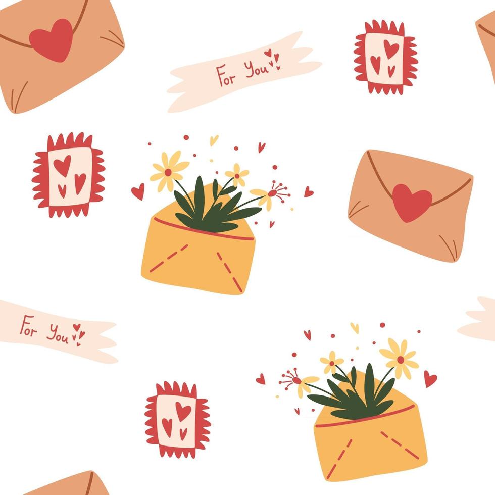 Seamless pattern with envelopes romantic message. Love post office. Background texture design for web, print and textile, wallpaper. Valentine's day, love, mail. Vector cartoon illustration.