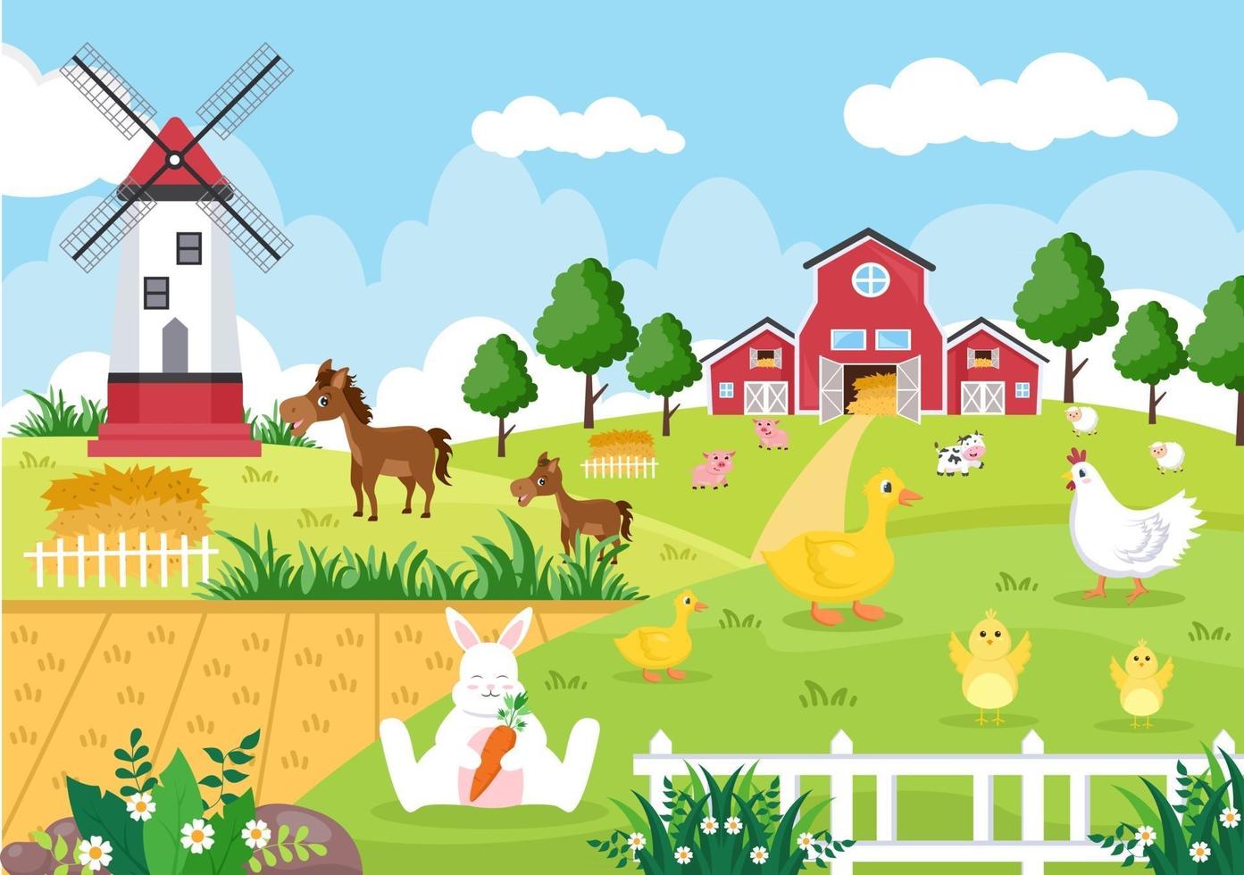 Cute Cartoon Farm Animals Illustration vector