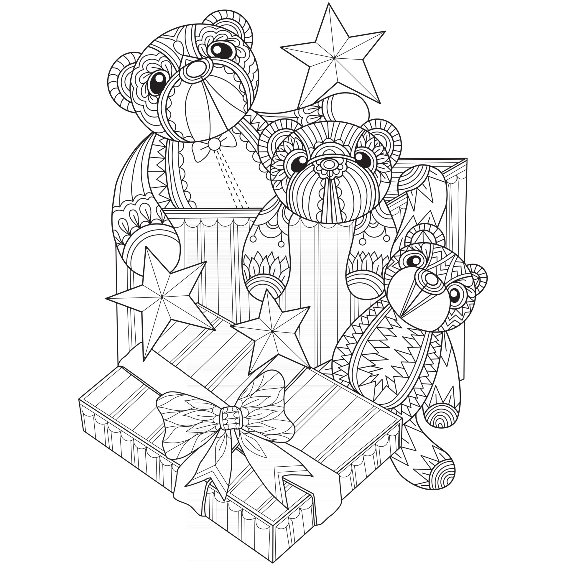 Download Three Teddy Bears In Box Hand Drawn For Adult Coloring Book 2752399 Vector Art At Vecteezy