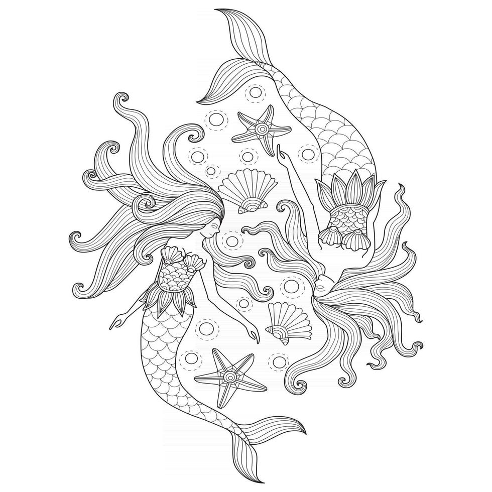 Twins mermaids hand drawn for adult coloring book vector