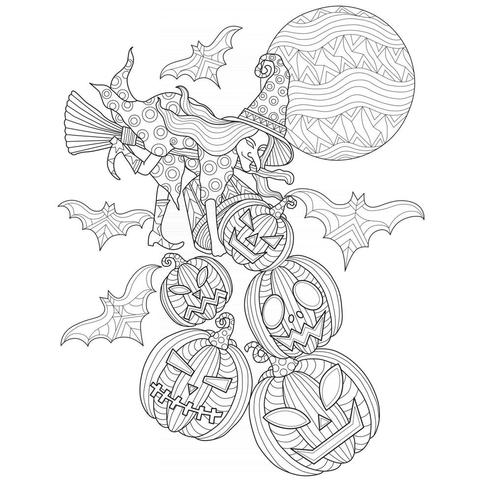 Witches and jack o'lantern hand drawn for adult coloring book vector