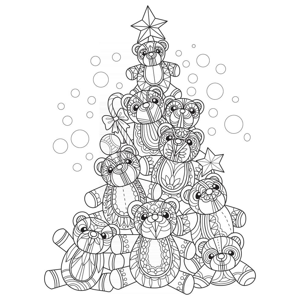 Teddy bear Christmas tree hand drawn for adult coloring book vector