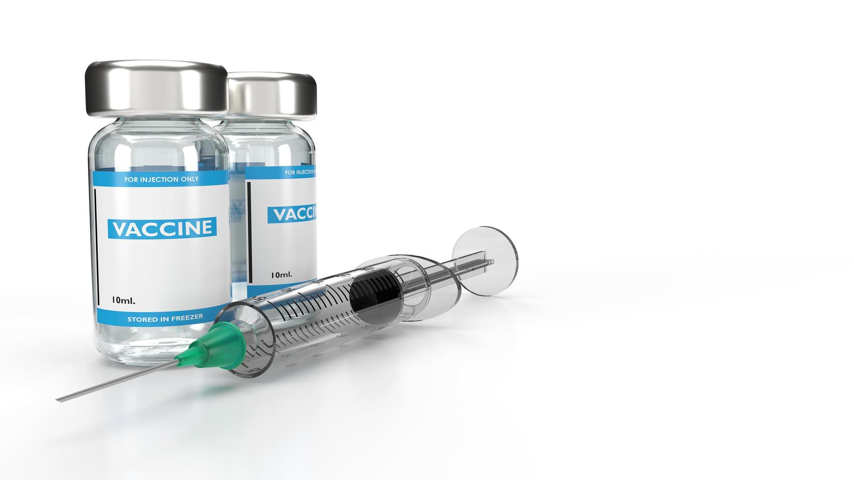 Botella de vacuna y jeringa sobre fondo blanco, ilustración de representación 3D foto