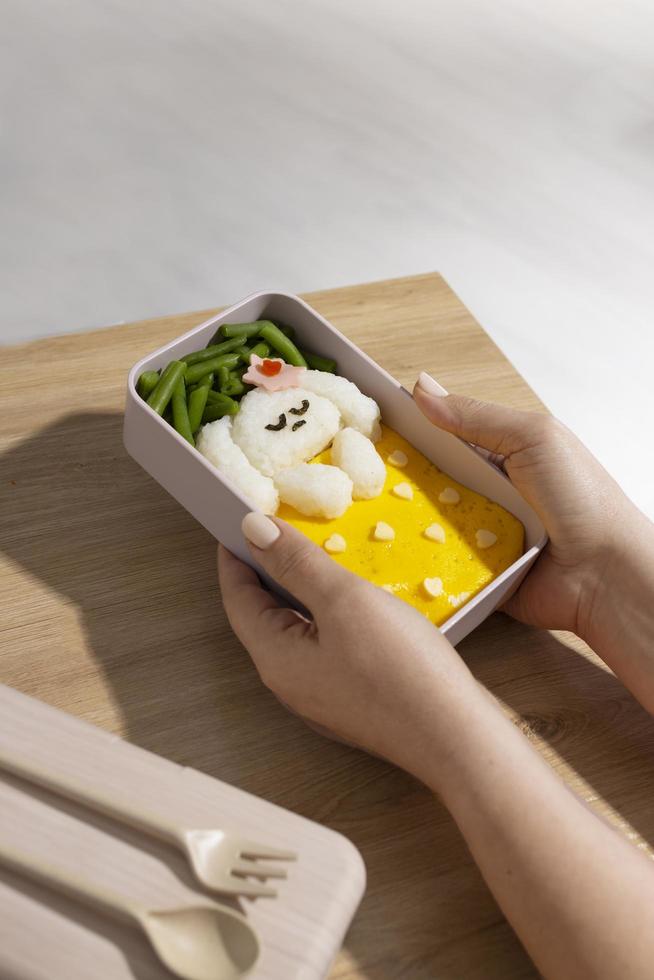 Top view composition food Japanese bento box photo