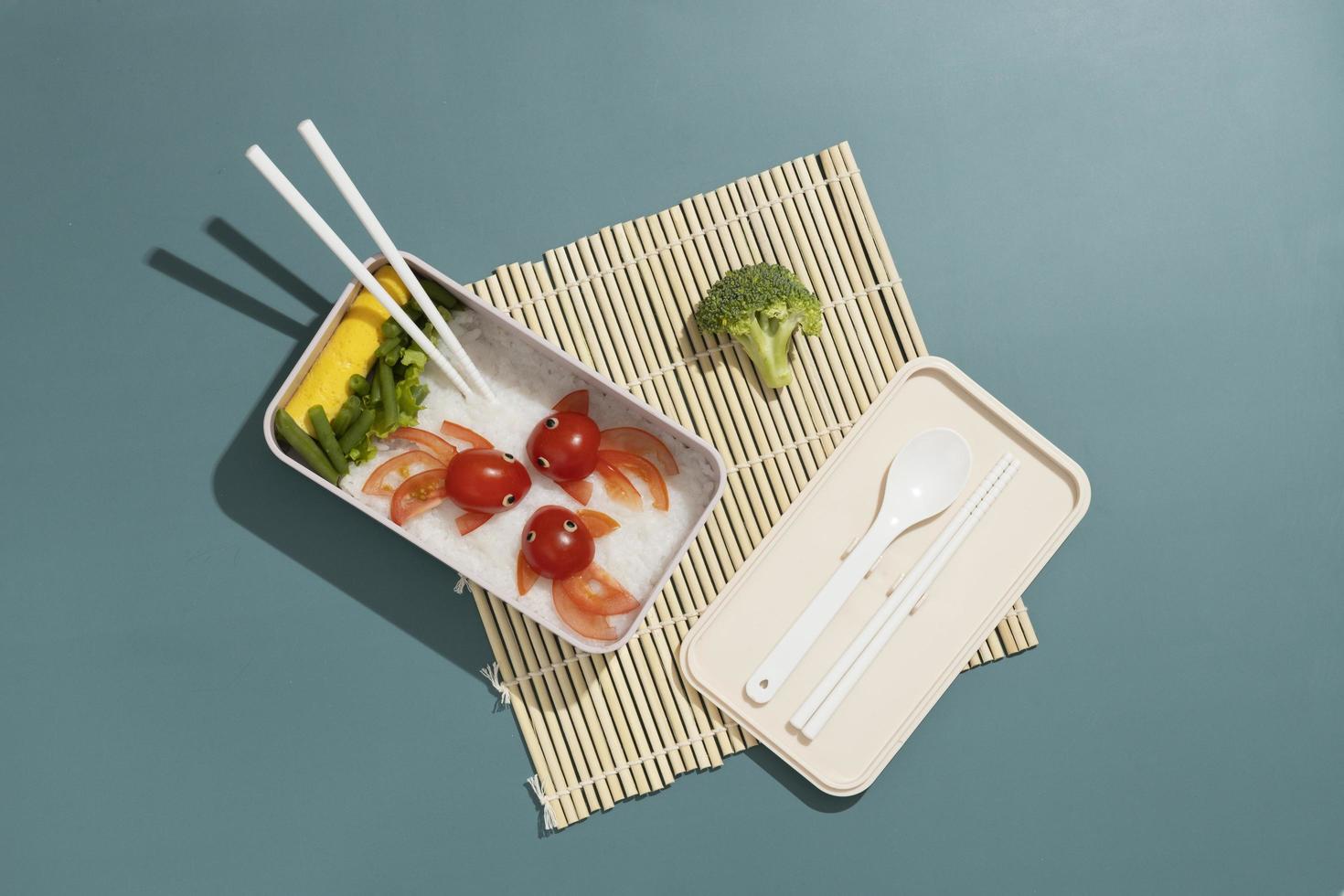 Top view composition food Japanese bento box photo