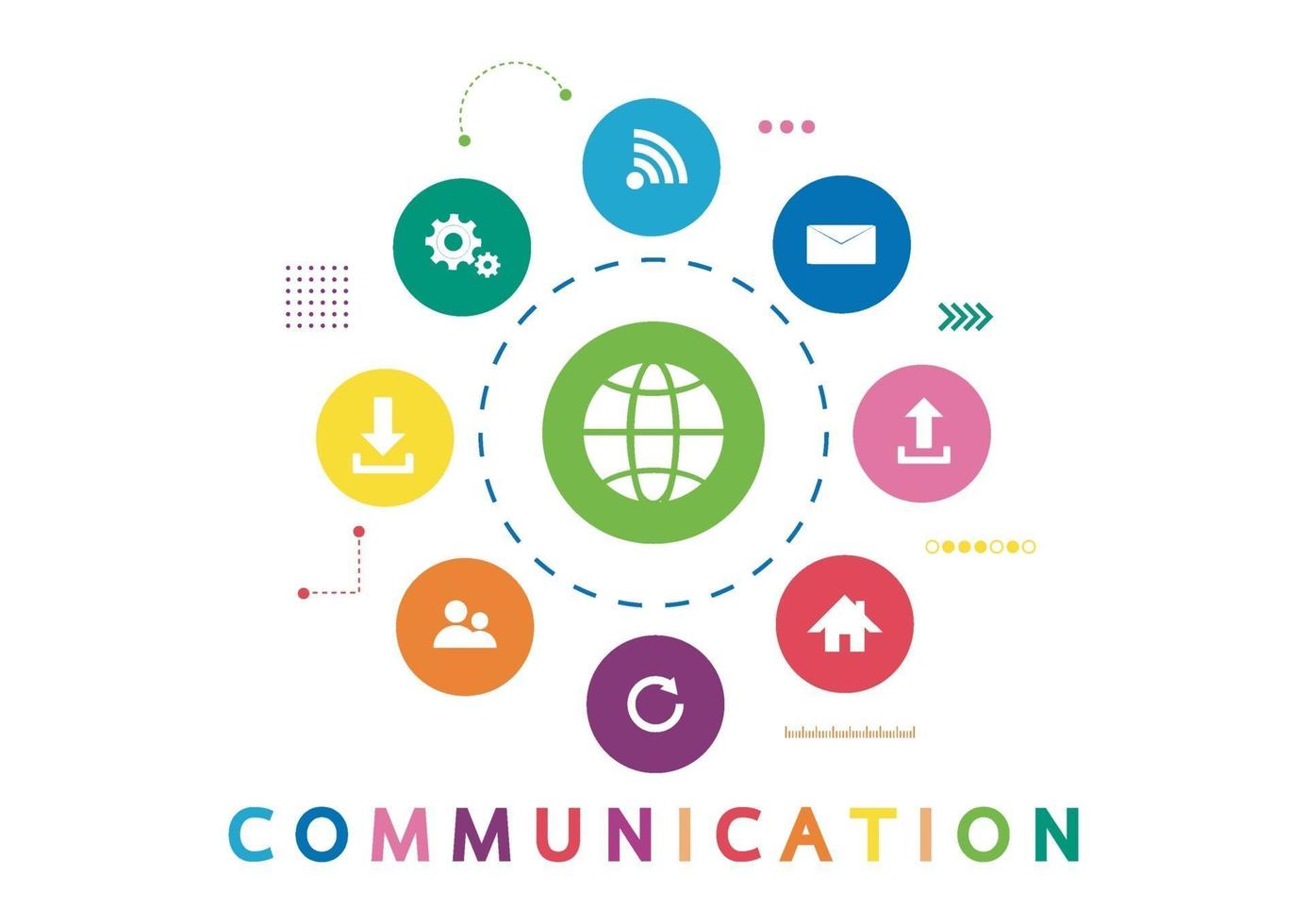 Vector illustration of a communication concept. The word communication with colorful dialog speech bubbles