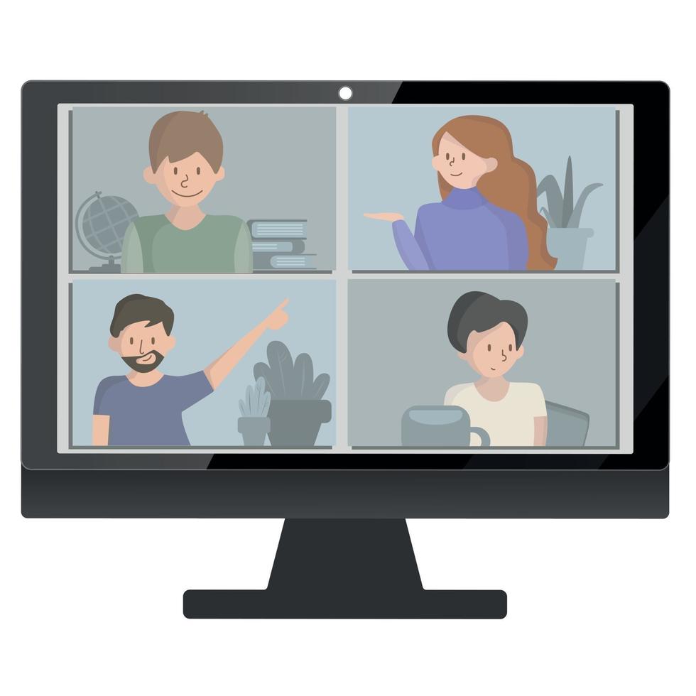 Video conference landing. People on computer screen taking with colleague. Videoconferencing and online meeting workspace vector page. concept e-learning and stay home.